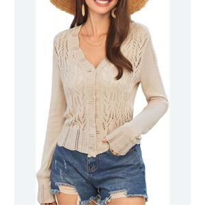 Grace Karin Women’s Cream Tan Cropped Crocheted Cardigan Sweater / Size XL / NWT
